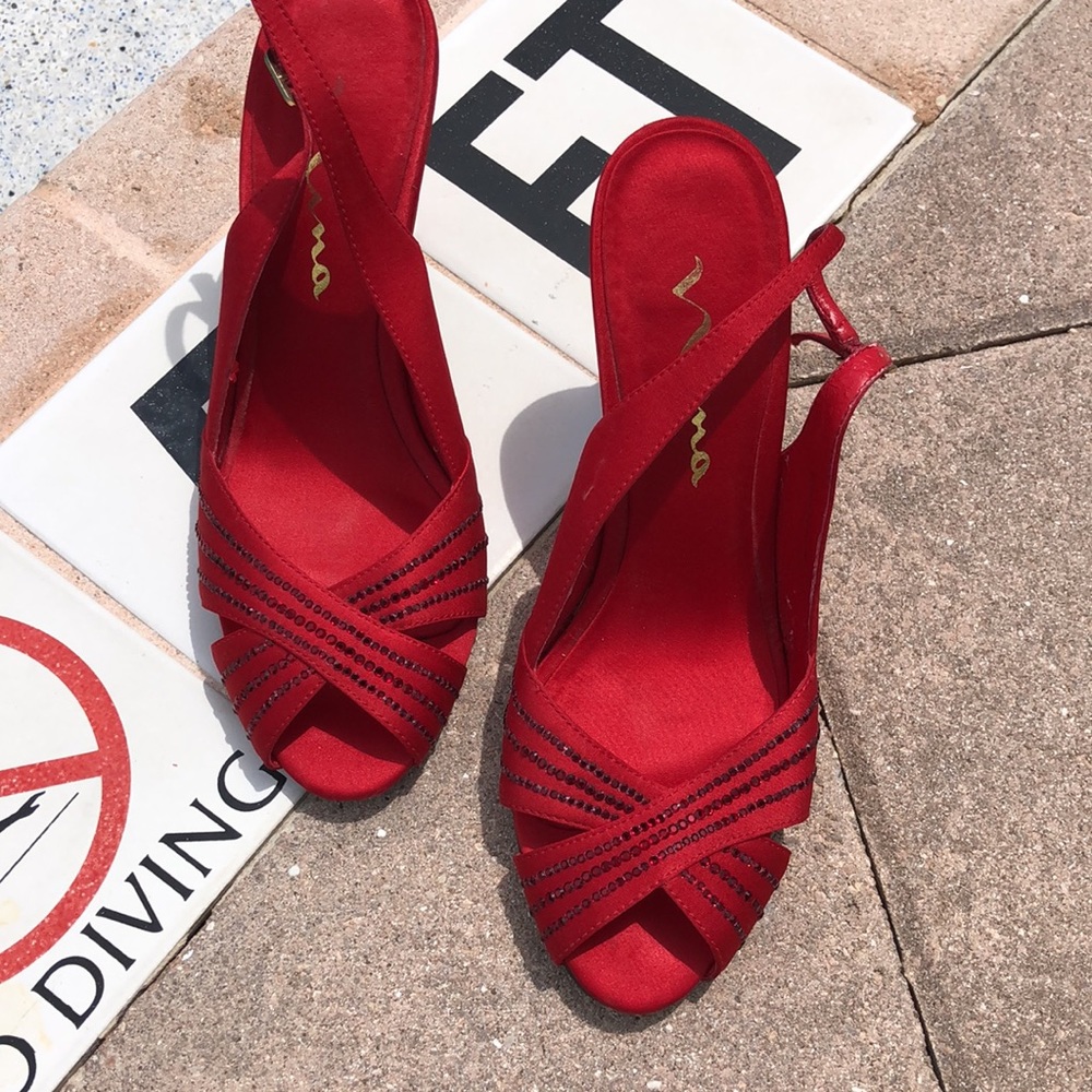 Nina Red Satin Heels with Red Rhinestones